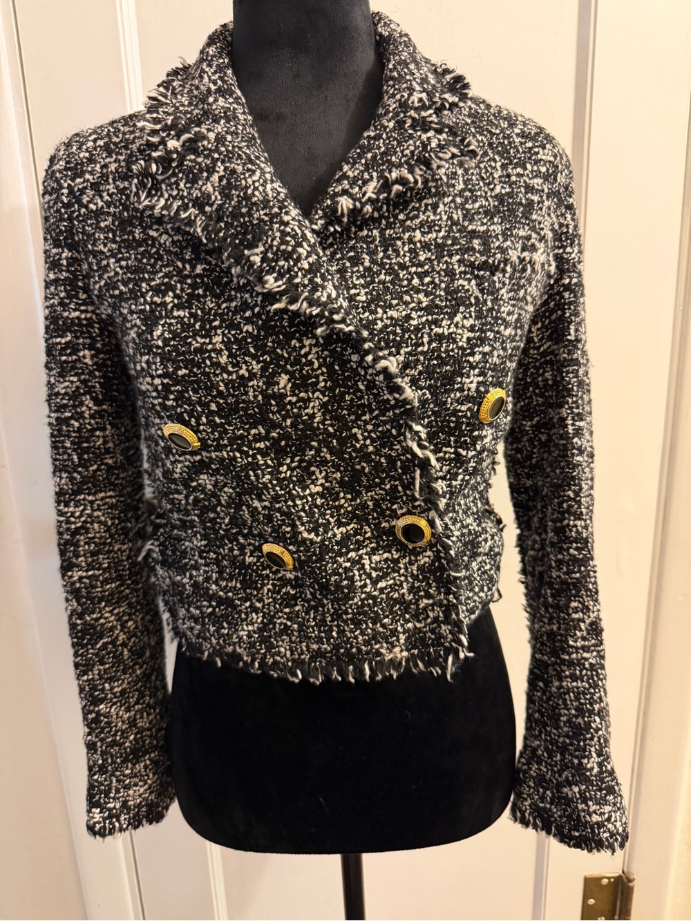 Zara Black & White Textured Bouclé Double-Breasted Blazer